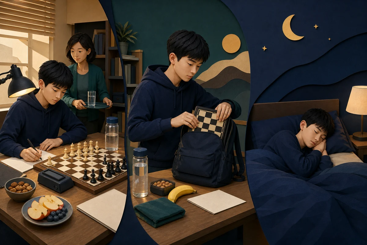 国际象棋学生依次进行限时训练、整理比赛用品和提前休息