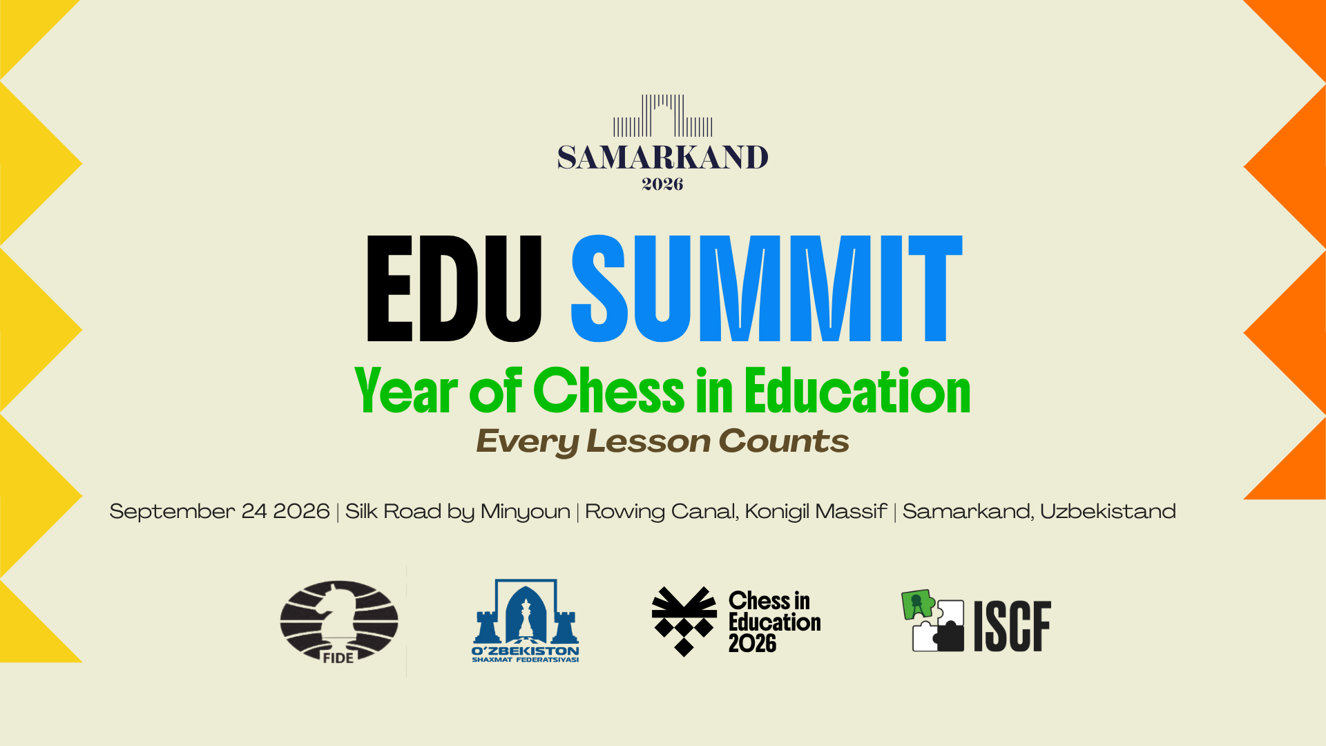 国际棋联教育峰会官方海报，列明2026年9月24日、撒马尔罕。