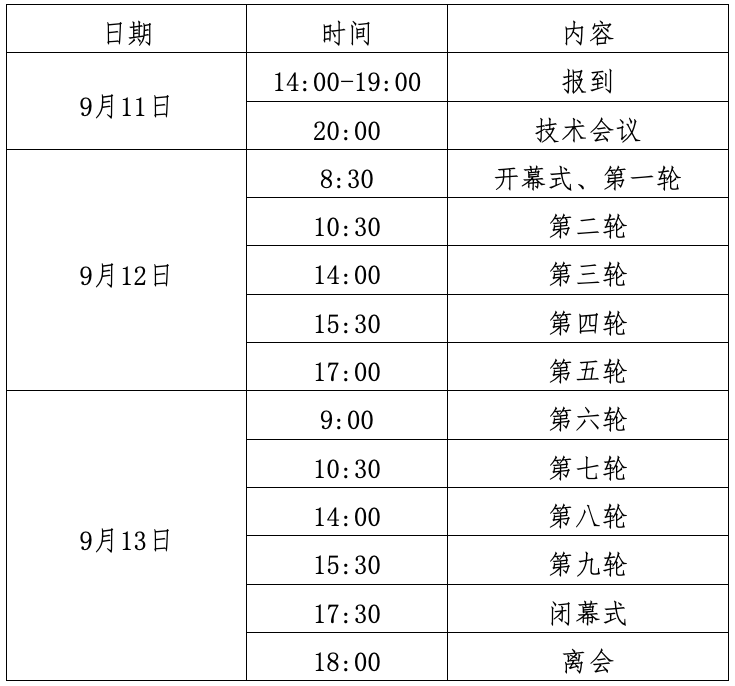 赛前公布的比赛日程：九轮比赛安排在9月12日至13日。